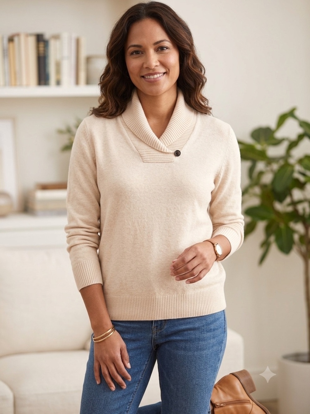 JEANNE PIERRE Cream Shawl-Collar Button Sweater